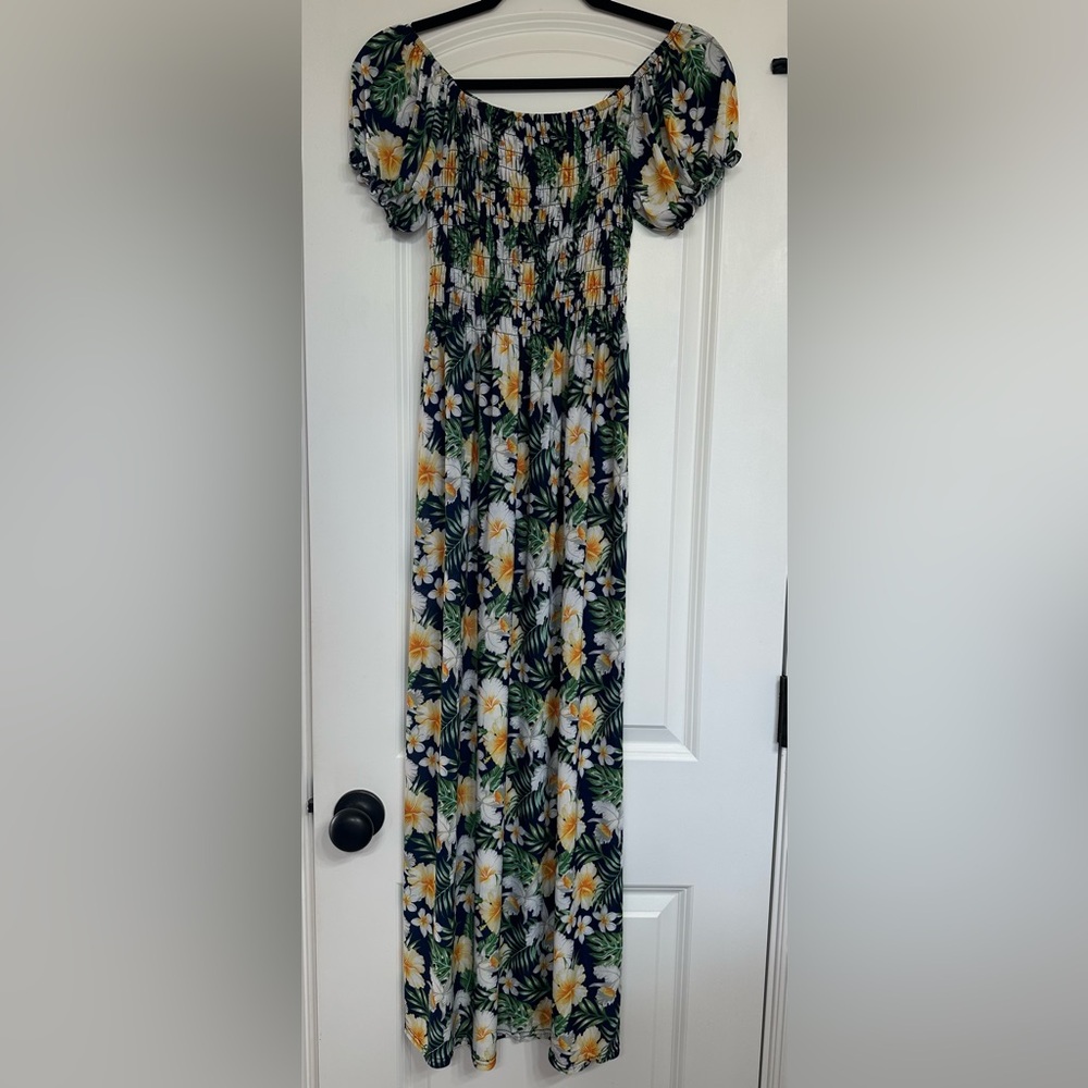 Floral Off-Shoulder Maxi Dress - Yellow & Navy / Medium